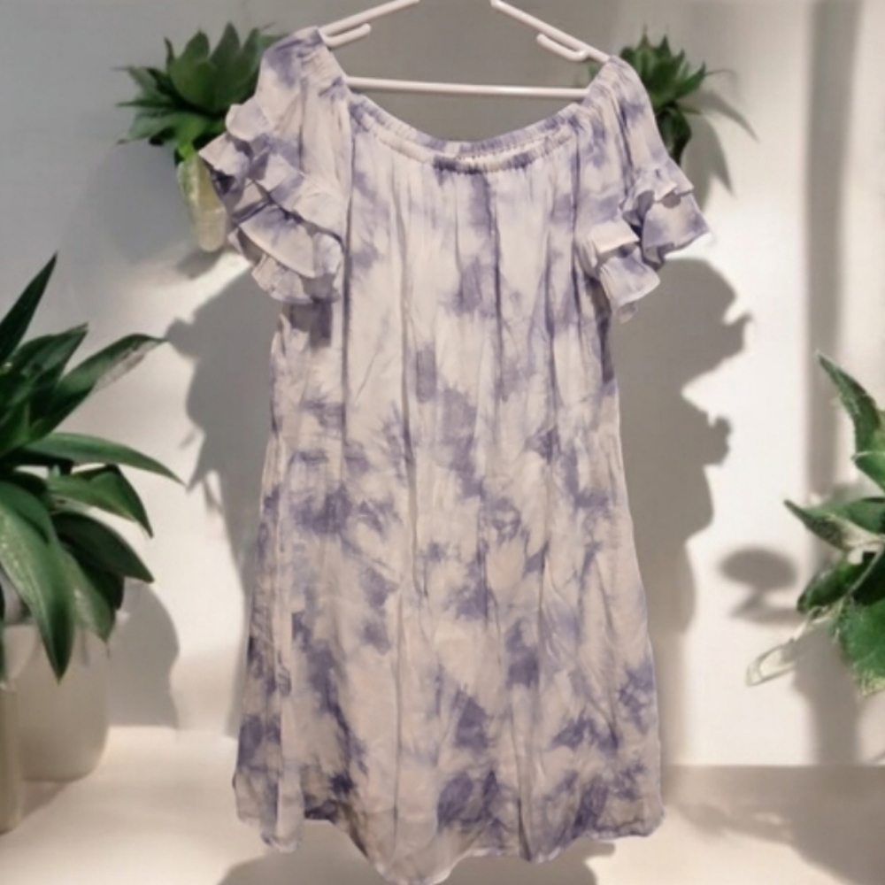 Wrapper Off The Shoulder White Blue Tie Dye Dress Flowy Womans Coquette